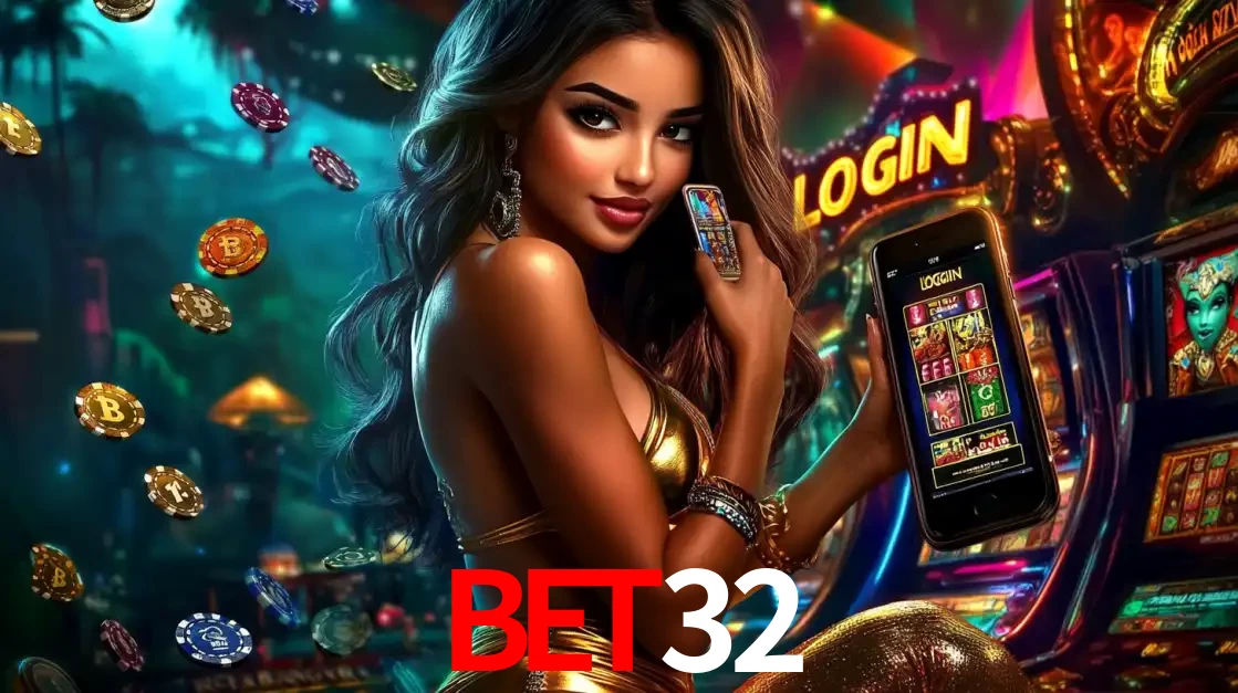 Mulher em um cenário de cassino temático de aventura, mostrando o app de caça-níqueis da bet32 no celular. Fichas de apostas flutuam ao redor.