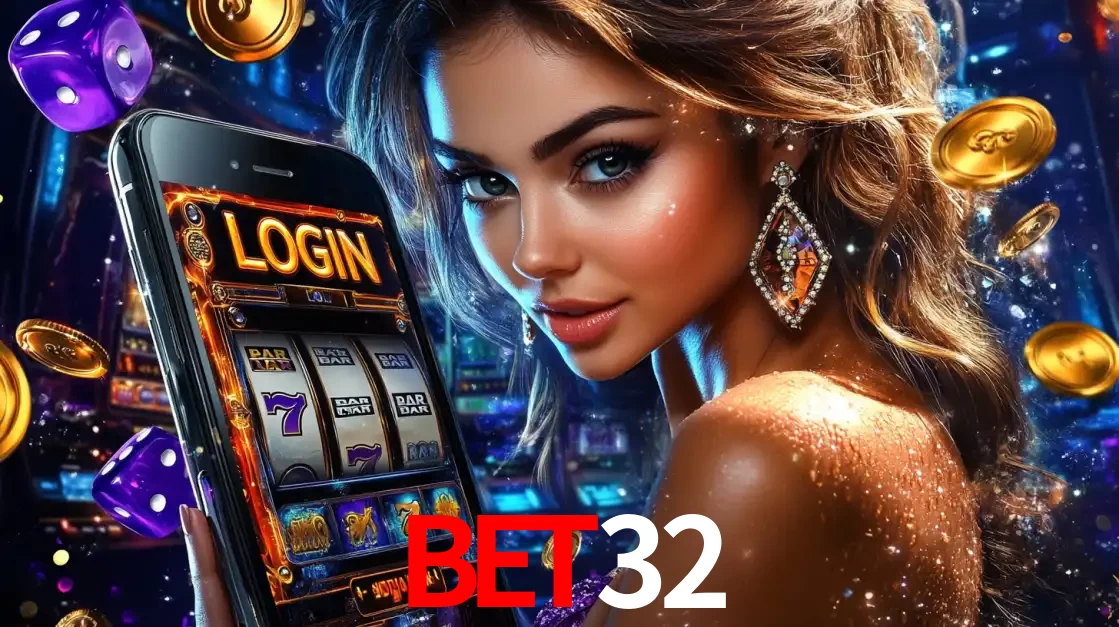 Mulher glamorosa segurando um smartphone com a tela de login para os jogos de caça-níqueis do cassino online bet32, com moedas de ouro e dados ao redor.