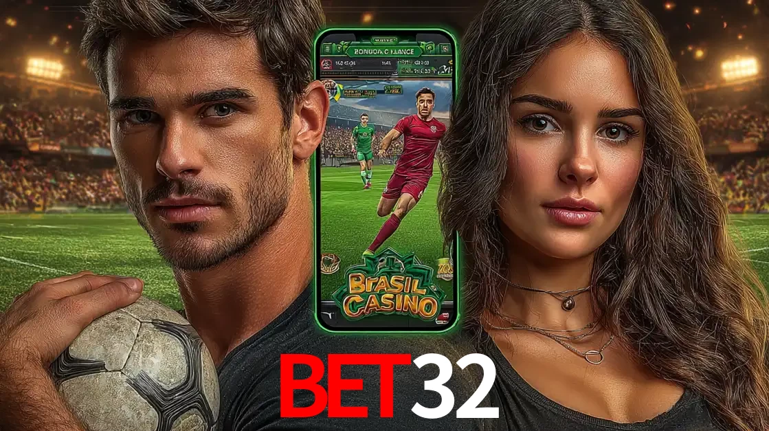 Homem segurando uma bola de futebol e uma mulher ao lado de um smartphone exibindo o jogo de apostas esportivas da bet32. Faça seu palpite no cassino online.